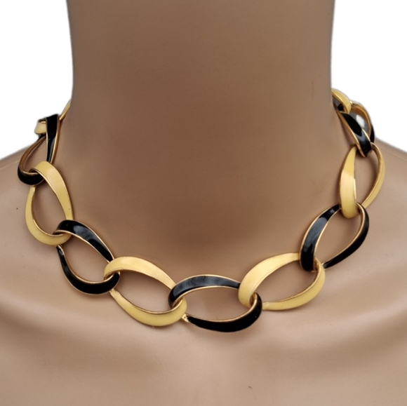 Vintage FO Reversible Enamel Collar Necklace Black Cream Gold Tone Mod 1960s